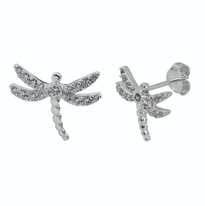 Sterling Silver CZ Dragonfly Stud Earrings - ECZ7868 - Click Image to Close